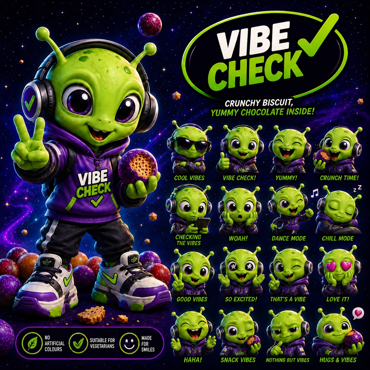 Vibe Check alien mascot with a lineup of colourful sweets