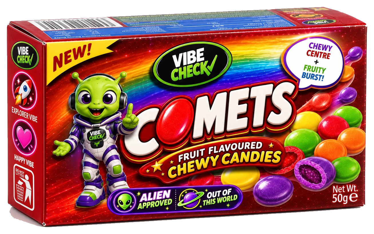 Comets fruit-flavoured chewy candy box artwork