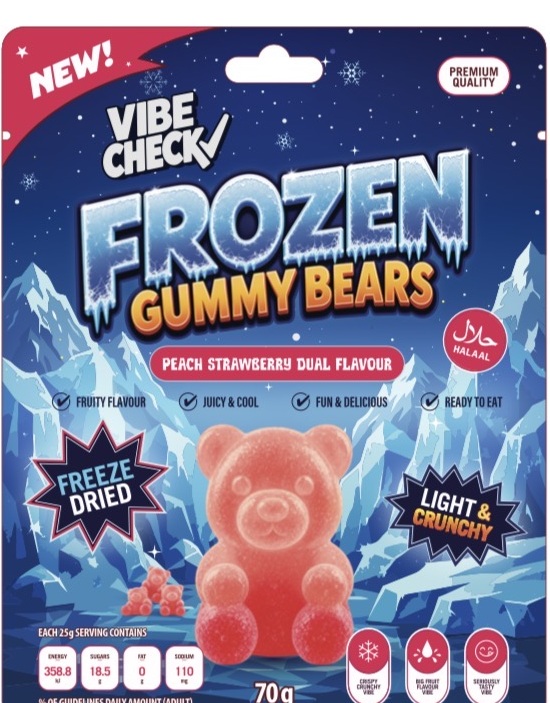 Vibe Check freeze-dried gummy bears in peach and strawberry flavour