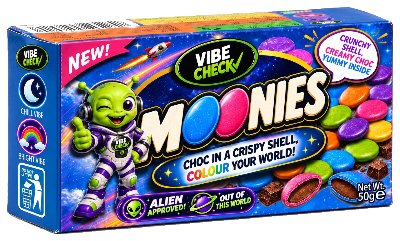 Moonies colourful chocolate bean box artwork